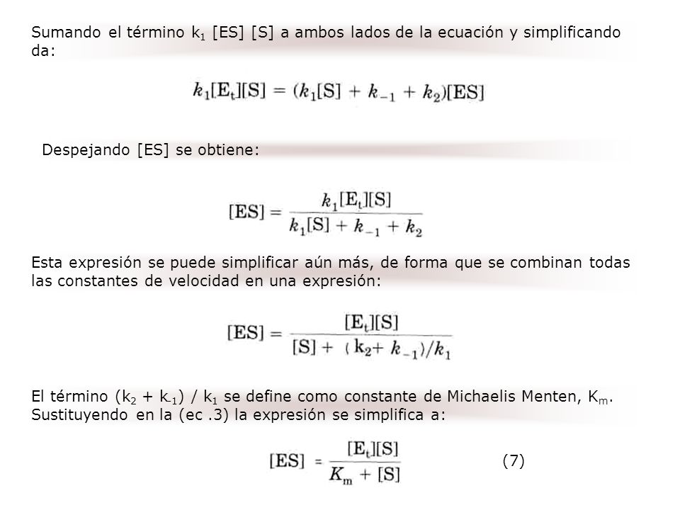 Sumando el término k1 [ES] [S] a ambos lados de la ecuación y simplificando da:
