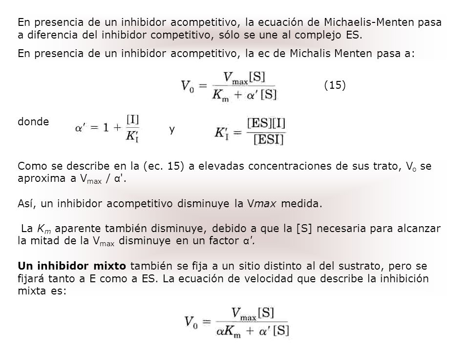 En presencia de un inhibidor acompetitivo, la ecuación de Michaelis-Men­ten pasa a diferencia del inhibidor competitivo, sólo se une al complejo ES.
