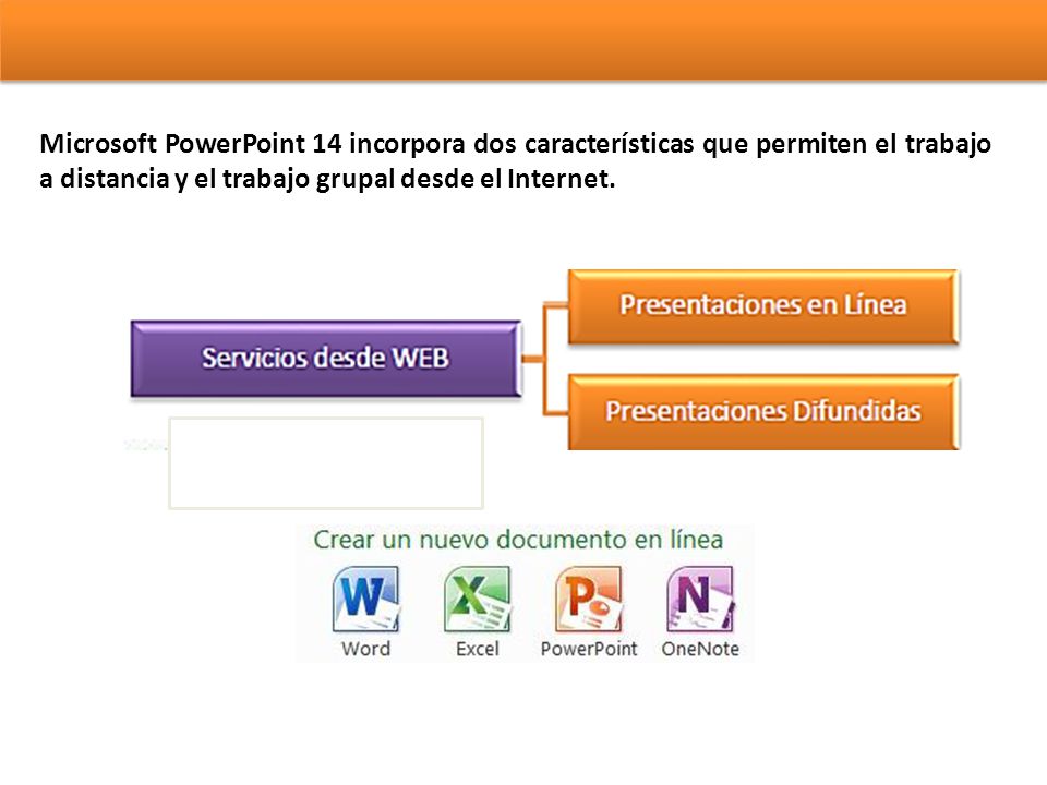 Microsoft PowerPoint 14 incorpora dos características que permiten el trabajo a distancia y el trabajo grupal desde el Internet.