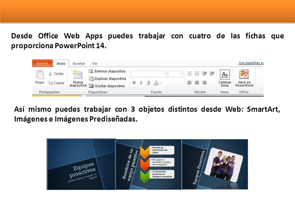 Desde Office Web Apps puedes trabajar con cuatro de las fichas que proporciona PowerPoint 14.