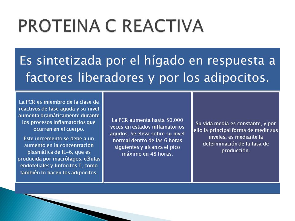 PROTEINA C REACTIVA Es sintetizada por el hígado en respuesta a factores liberadores y por los adipocitos.