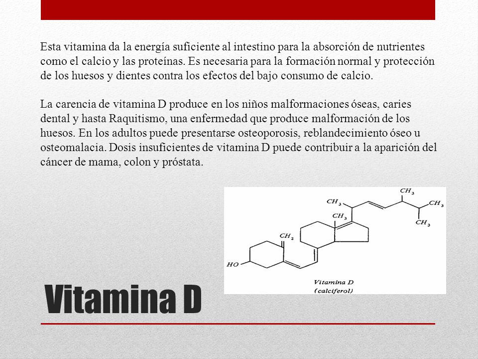 Esta vitamina da la energía suficiente al intestino para la absorción de nutrientes como el calcio y las proteínas. Es necesaria para la formación normal y protección de los huesos y dientes contra los efectos del bajo consumo de calcio.