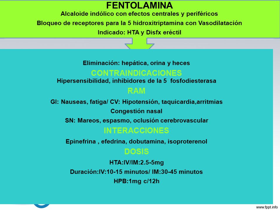 FENTOLAMINA Alcaloide indólico con efectos centrales y periféricos. Bloqueo de receptores para la 5 hidroxitriptamina con Vasodilatación.
