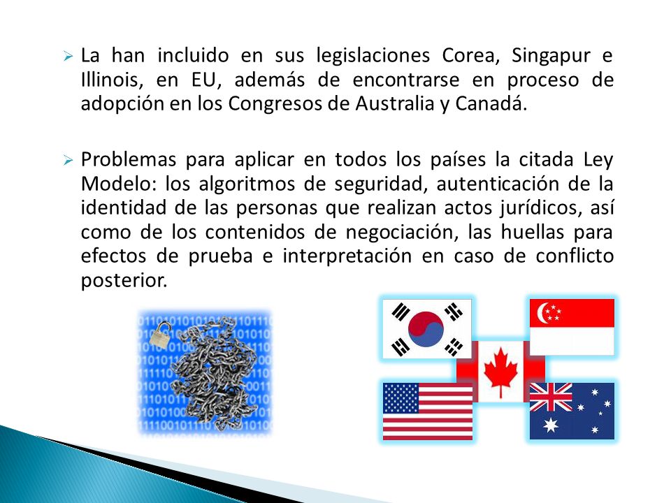 La han incluido en sus legislaciones Corea, Singapur e Illinois, en EU, además de encontrarse en proceso de adopción en los Congresos de Australia y Canadá.