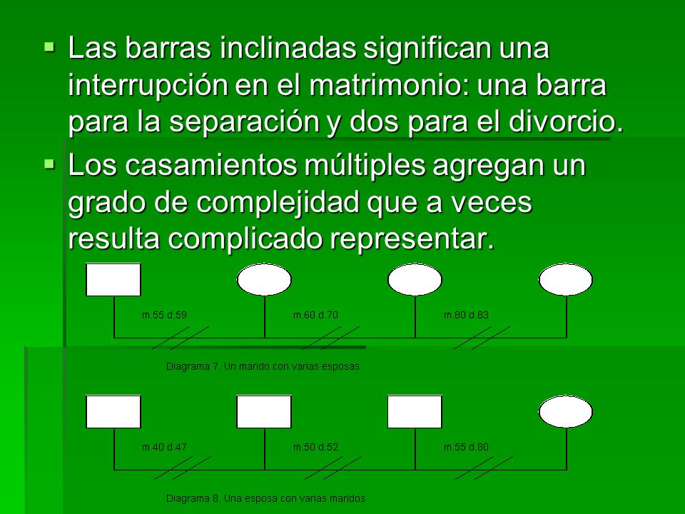 Las barras inclinadas significan una interrupción en el matrimonio: una barra para la separación y dos para el divorcio.