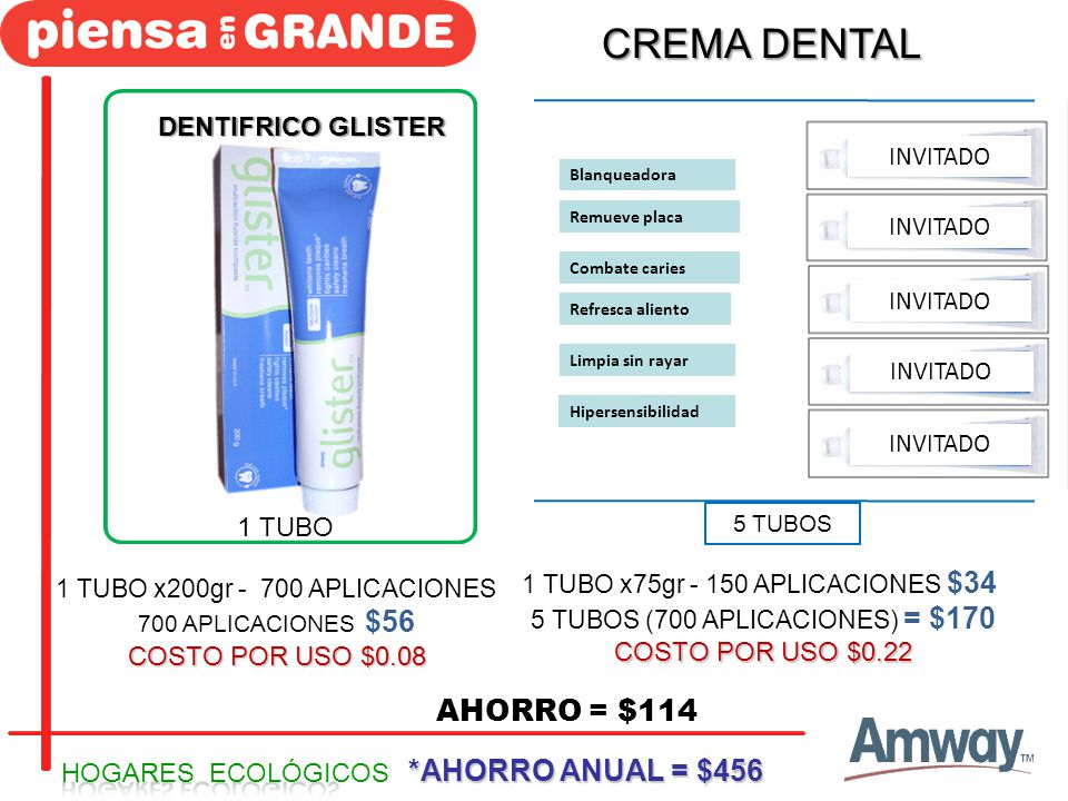 CREMA DENTAL AHORRO = $114 *AHORRO ANUAL = $456 DENTIFRICO GLISTER