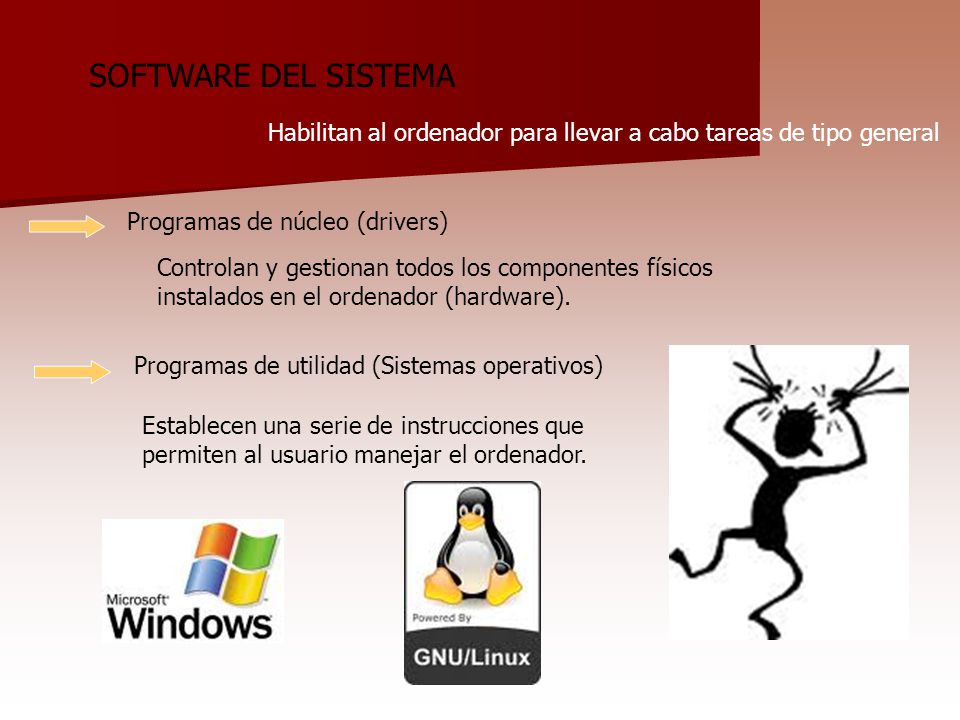 SOFTWARE DEL SISTEMA Habilitan al ordenador para llevar a cabo tareas de tipo general. Programas de núcleo (drivers)