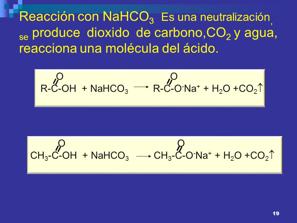 Reacción con NaHCO3 Es una neutralización, se produce dioxido de carbono,CO2 y agua, reacciona una molécula del ácido.