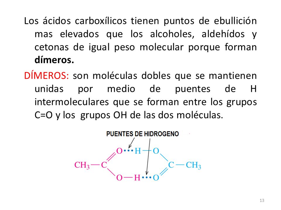 Los ácidos carboxílicos tienen puntos de ebullición mas elevados que los alcoholes, aldehídos y cetonas de igual peso molecular porque forman dímeros.