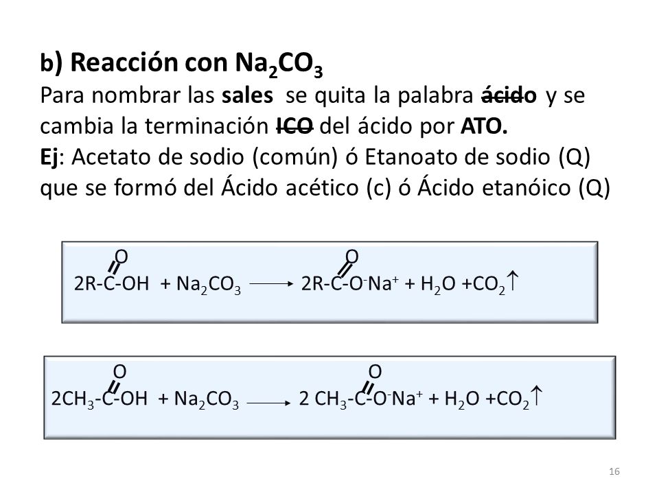 b) Reacción con Na2CO3 Para nombrar las sales se quita la palabra ácido y se cambia la terminación ICO del ácido por ATO. Ej: Acetato de sodio (común) ó Etanoato de sodio (Q) que se formó del Ácido acético (c) ó Ácido etanóico (Q)