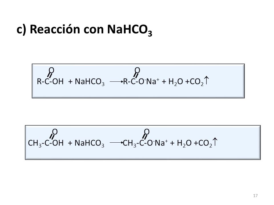 c) Reacción con NaHCO3 R-C-OH + NaHCO3 R-C-O-Na+ + H2O +CO2