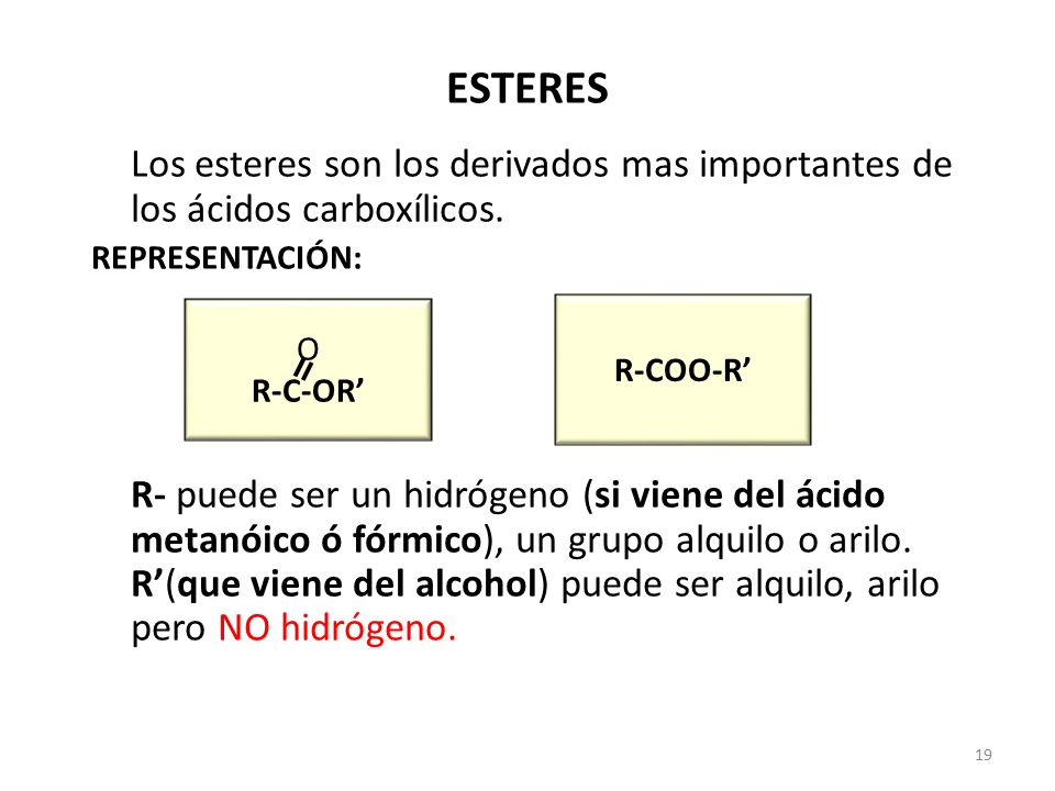 ESTERES Los esteres son los derivados mas importantes de los ácidos carboxílicos. REPRESENTACIÓN: