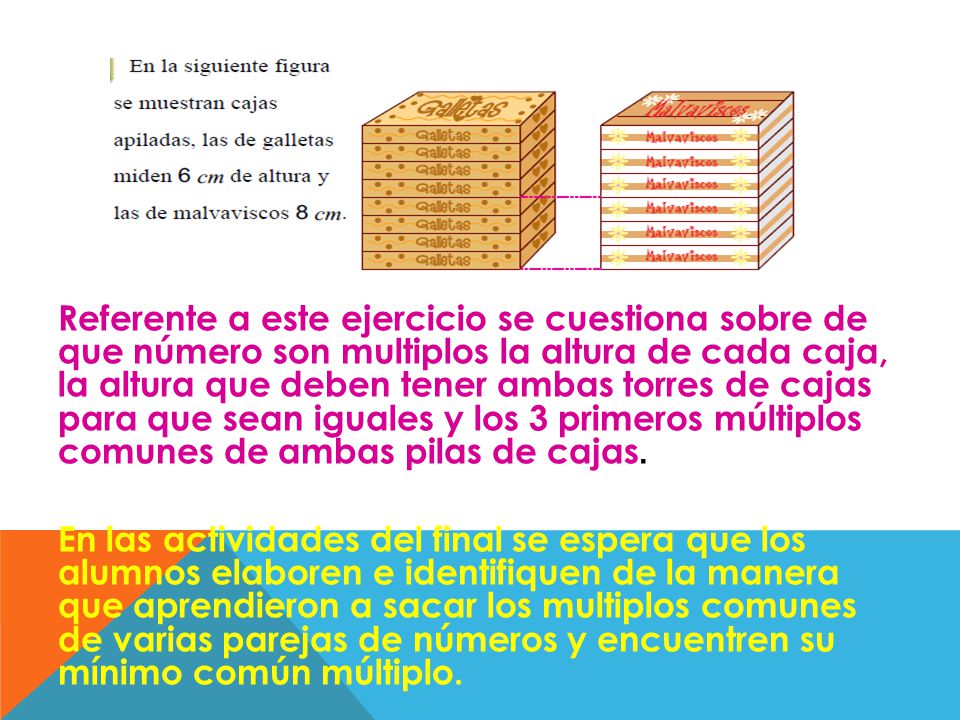Referente a este ejercicio se cuestiona sobre de que número son multiplos la altura de cada caja, la altura que deben tener ambas torres de cajas para que sean iguales y los 3 primeros múltiplos comunes de ambas pilas de cajas.