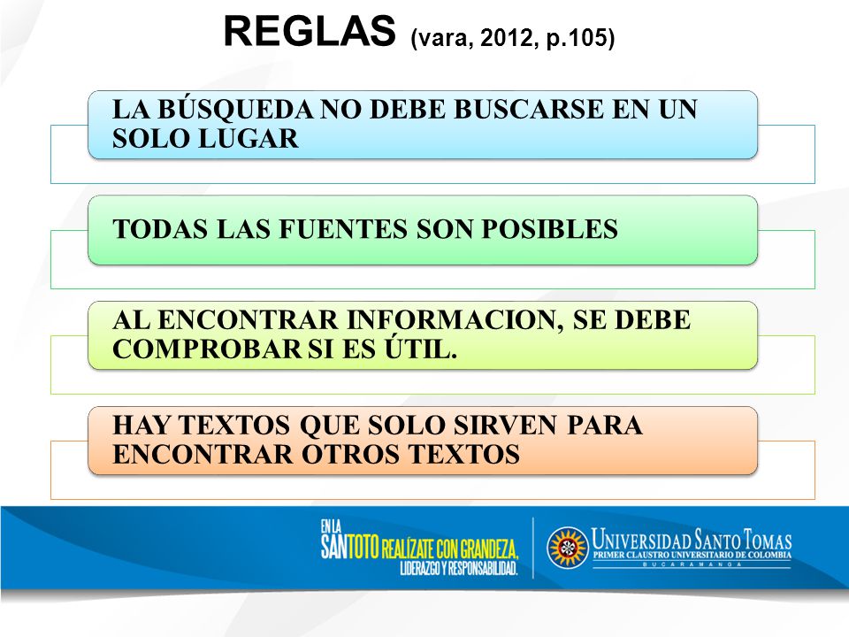 REGLAS (vara, 2012, p.105) LA BÚSQUEDA NO DEBE BUSCARSE EN UN SOLO LUGAR. TODAS LAS FUENTES SON POSIBLES.