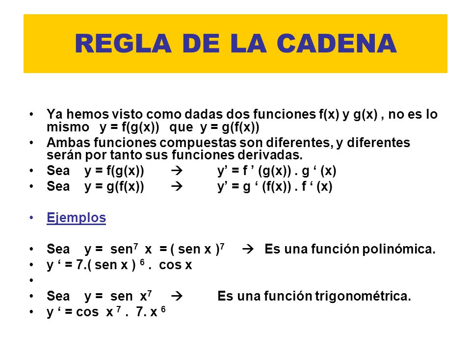 REGLA DE LA CADENA Ya hemos visto como dadas dos funciones f(x) y g(x) , no es lo mismo y = f(g(x)) que y = g(f(x))
