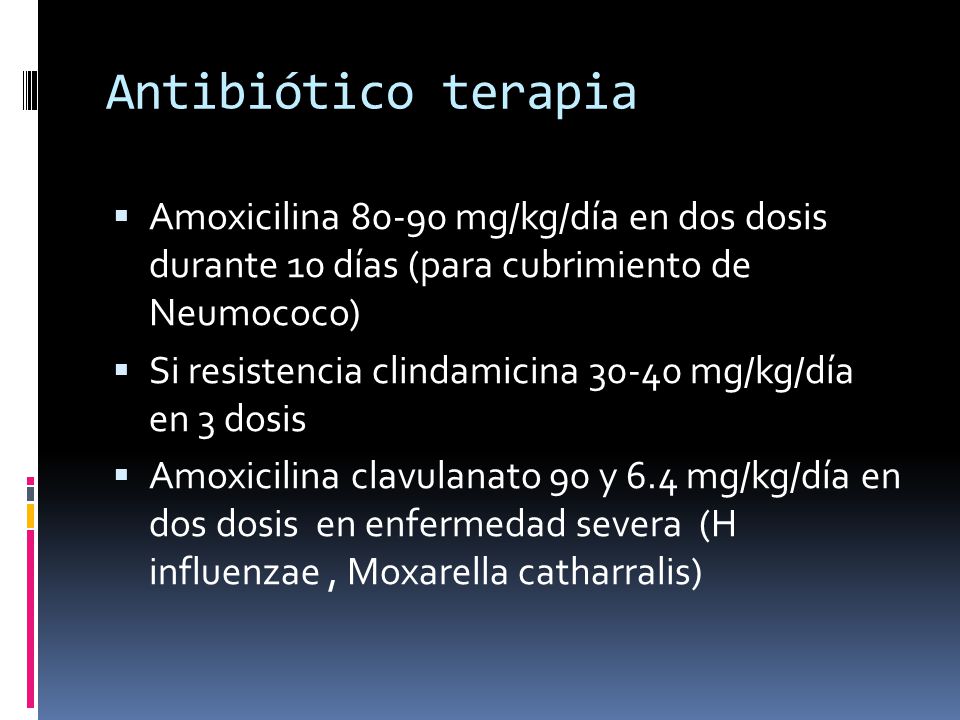 Antibiótico terapia Amoxicilina mg/kg/día en dos dosis durante 10 días (para cubrimiento de Neumococo)