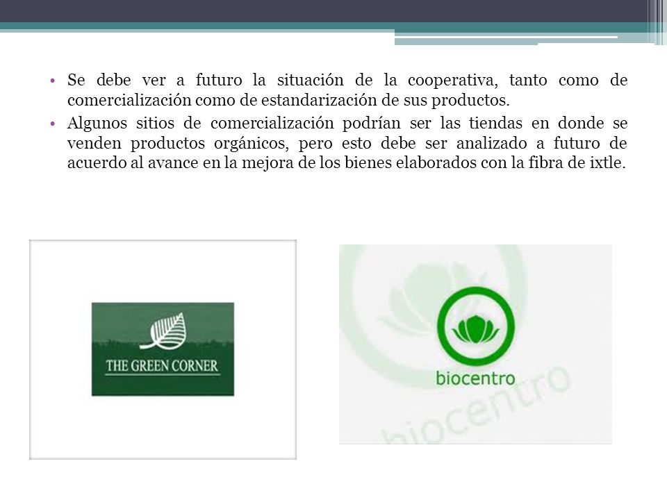 Se debe ver a futuro la situación de la cooperativa, tanto como de comercialización como de estandarización de sus productos.