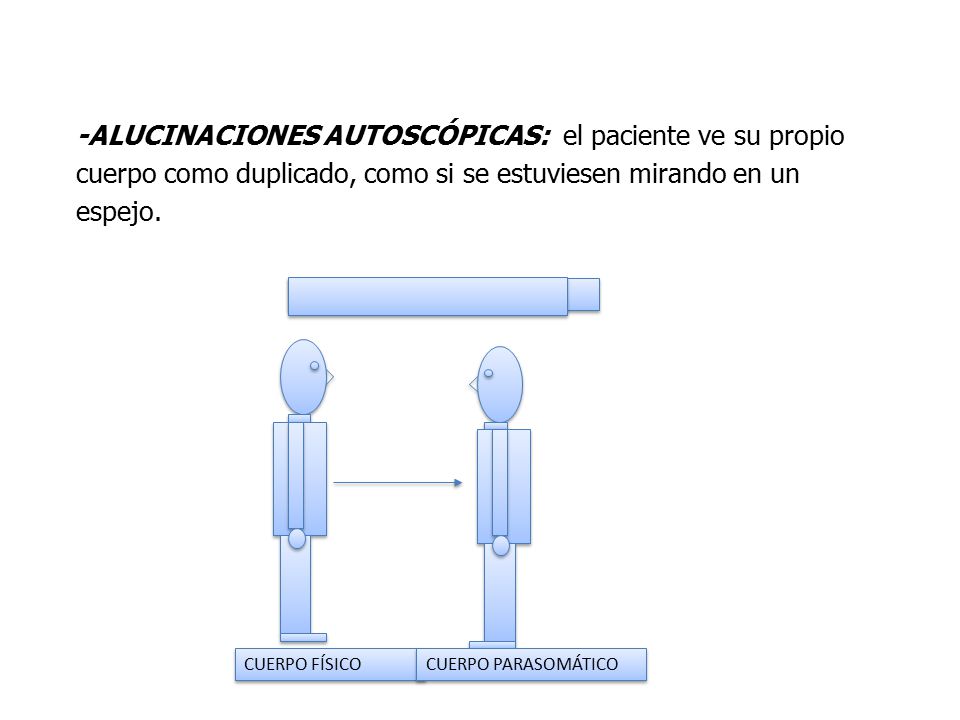 -ALUCINACIONES AUTOSCÓPICAS: el paciente ve su propio cuerpo como duplicado, como si se estuviesen mirando en un espejo.