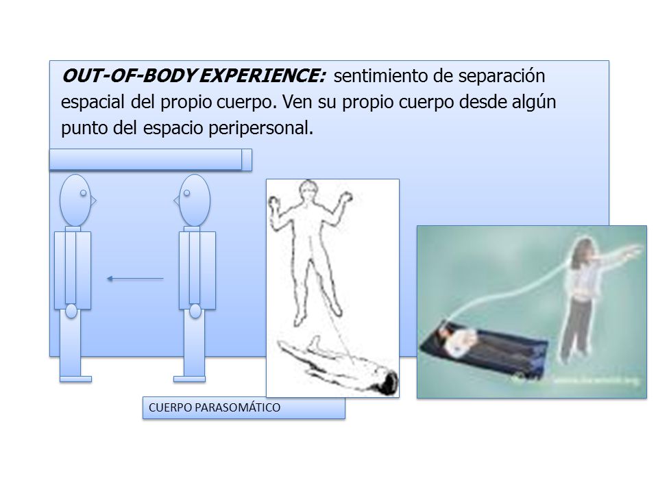 OUT-OF-BODY EXPERIENCE: sentimiento de separación espacial del propio cuerpo. Ven su propio cuerpo desde algún punto del espacio peripersonal.