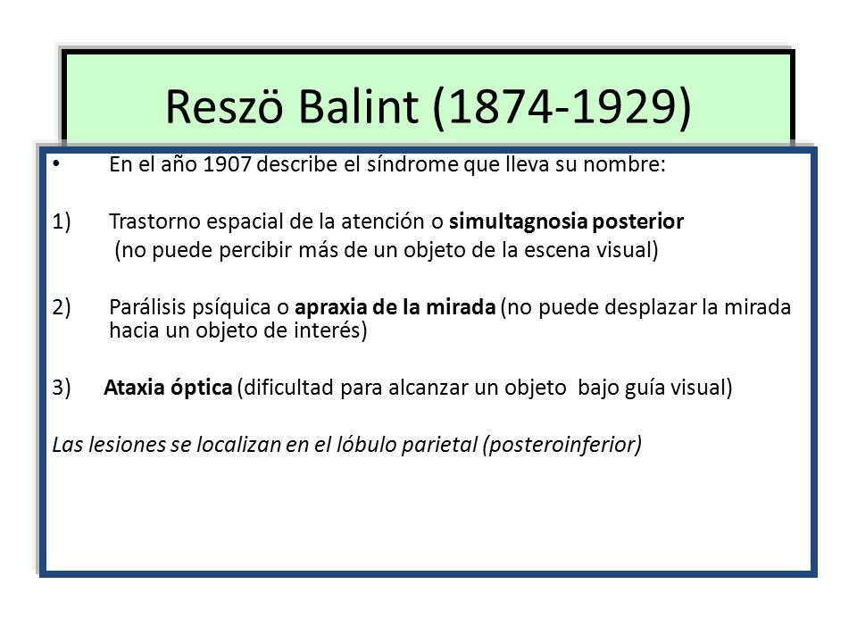 Reszö Balint ( ) En el año 1907 describe el síndrome que lleva su nombre: