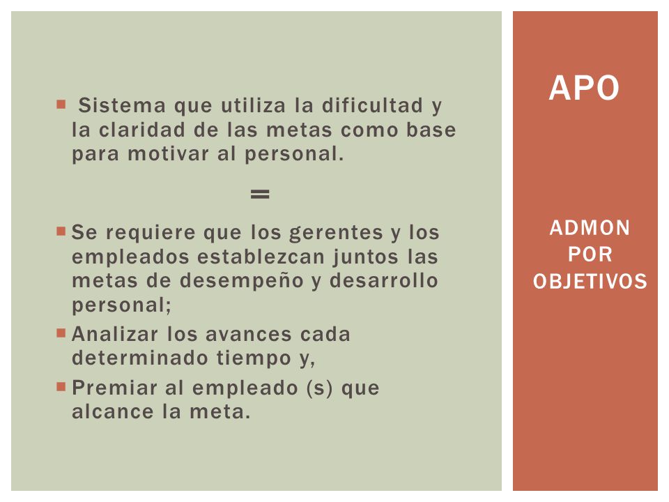 APO Sistema que utiliza la dificultad y la claridad de las metas como base para motivar al personal.