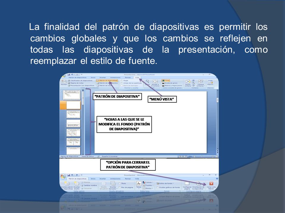 La finalidad del patrón de diapositivas es permitir los cambios globales y que los cambios se reflejen en todas las diapositivas de la presentación, como reemplazar el estilo de fuente.