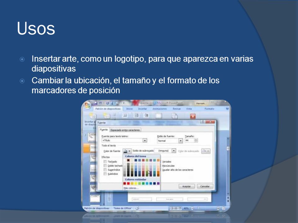 Usos Insertar arte, como un logotipo, para que aparezca en varias diapositivas.