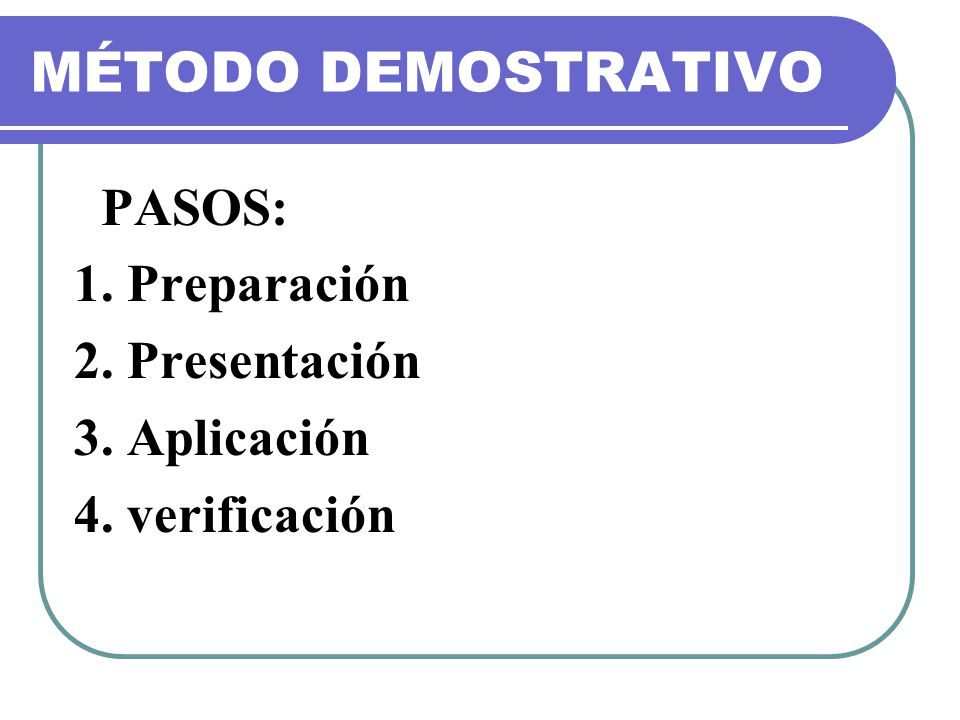 MÉTODO DEMOSTRATIVO PASOS: 1. Preparación 2. Presentación 3. Aplicación 4. verificación