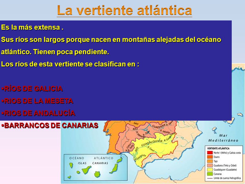 Es la más extensa . Sus ríos son largos porque nacen en montañas alejadas del océano atlántico. Tienen poca pendiente.