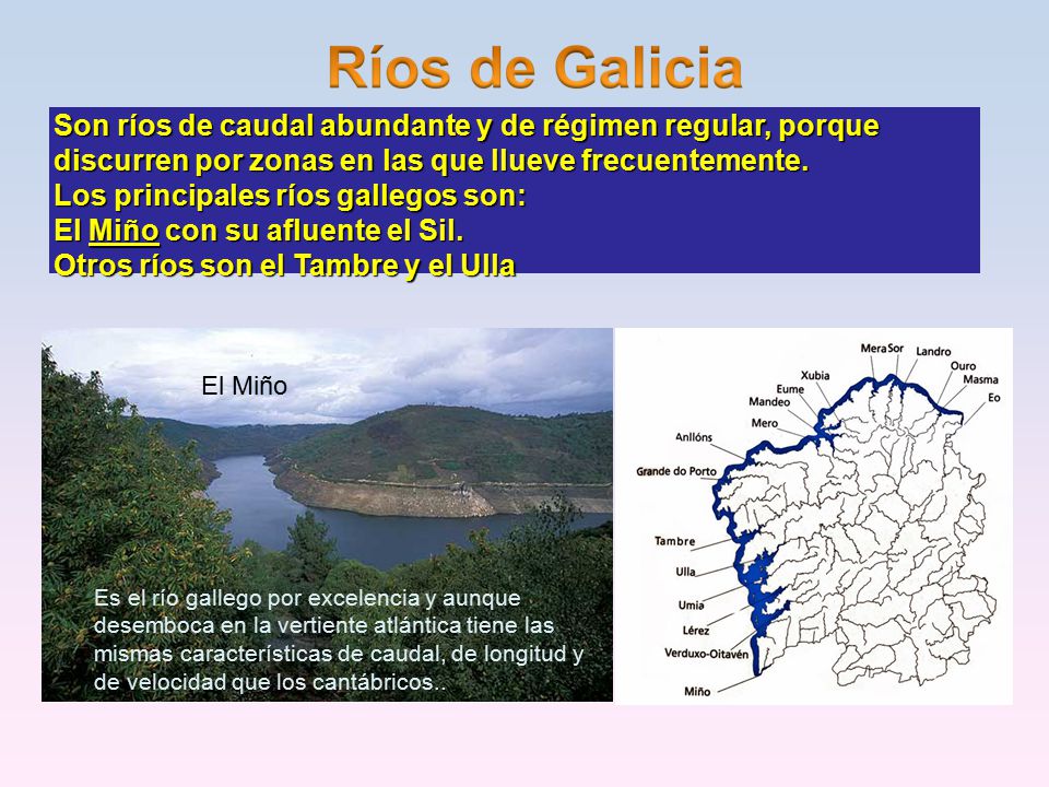 Los principales ríos gallegos son: El Miño con su afluente el Sil.