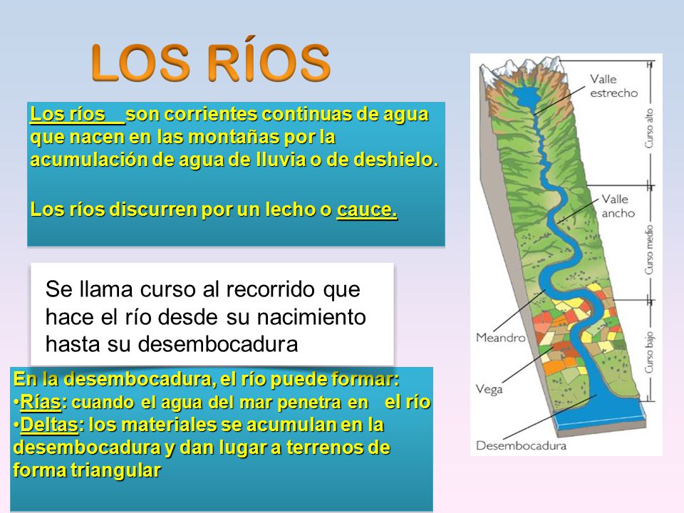 Los ríos son corrientes continuas de agua que nacen en las montañas por la acumulación de agua de lluvia o de deshielo.