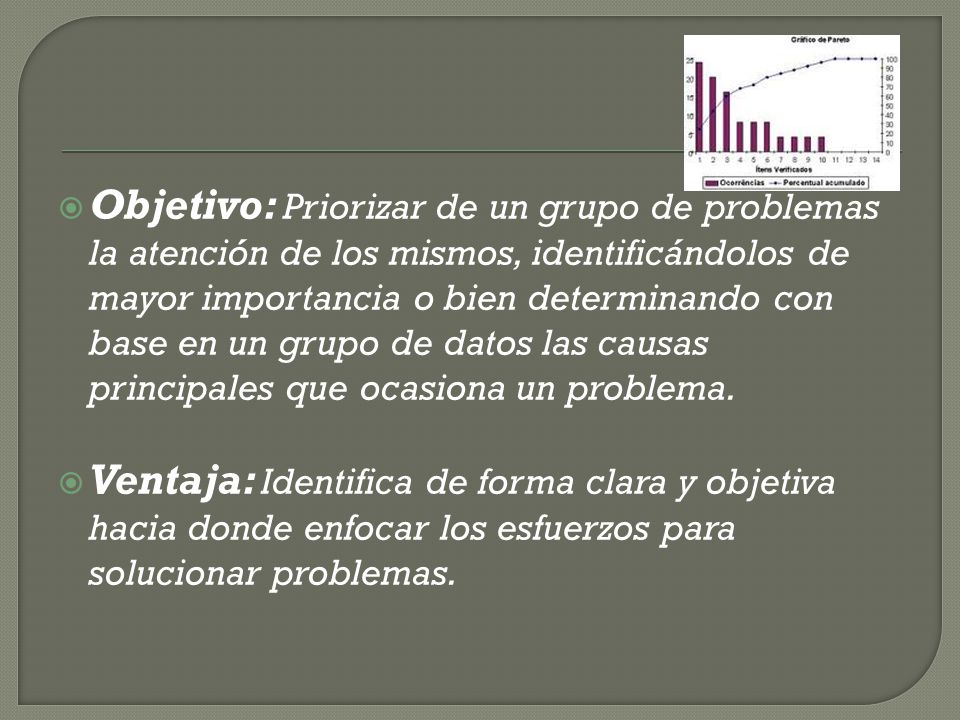 Objetivo: Priorizar de un grupo de problemas la atención de los mismos, identificándolos de mayor importancia o bien determinando con base en un grupo de datos las causas principales que ocasiona un problema.