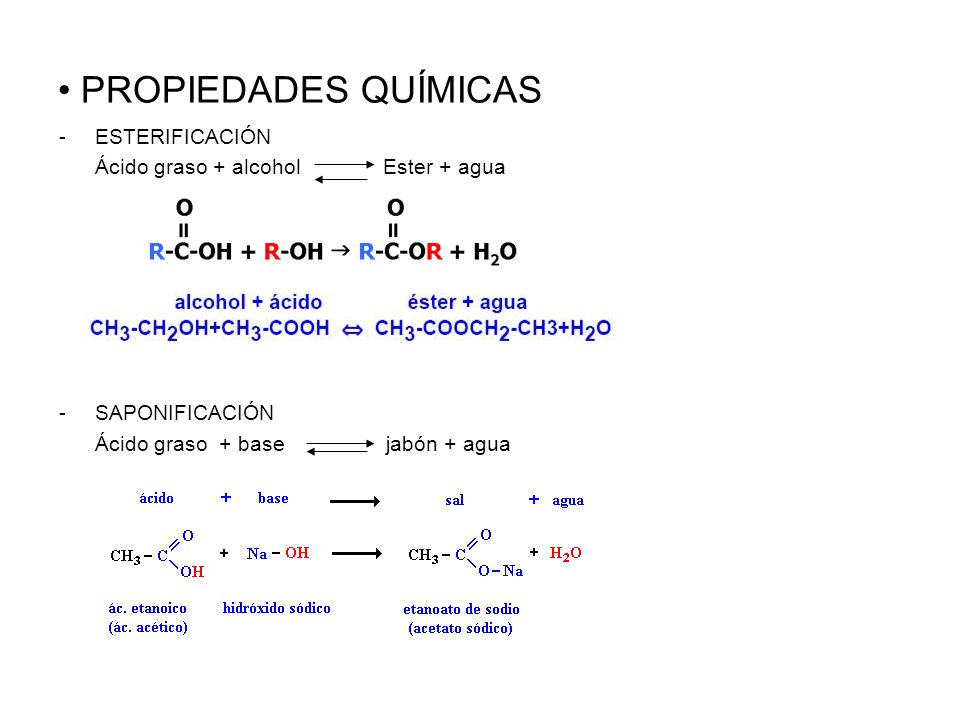 PROPIEDADES QUÍMICAS ESTERIFICACIÓN Ácido graso + alcohol Ester + agua