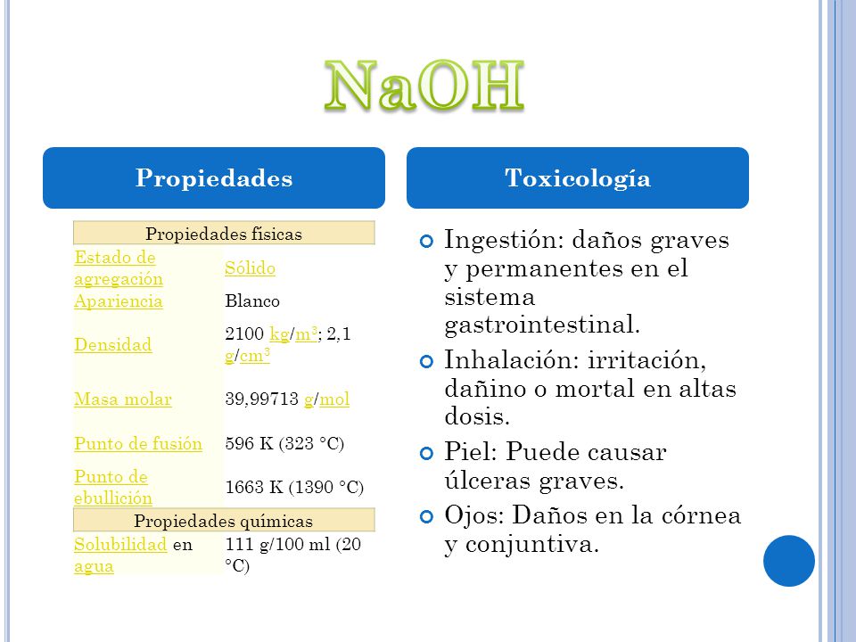 NaOH Propiedades. Toxicología. Propiedades físicas. Estado de agregación. Sólido. Apariencia. Blanco.
