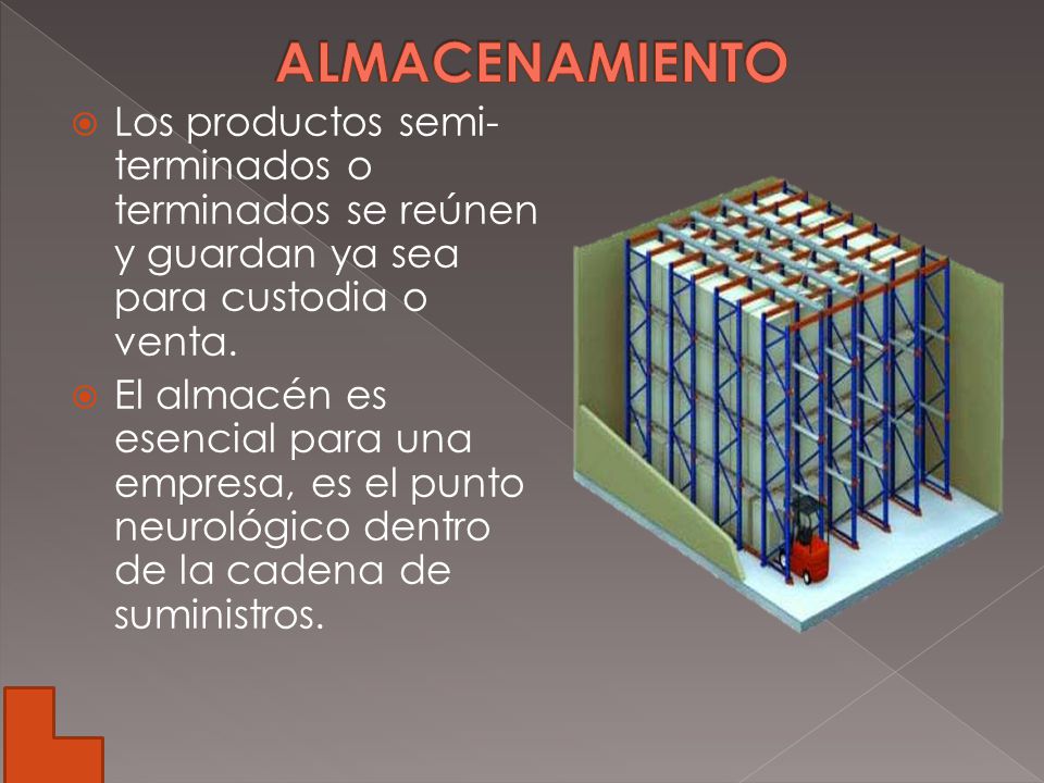 ALMACENAMIENTO Los productos semi-terminados o terminados se reúnen y guardan ya sea para custodia o venta.
