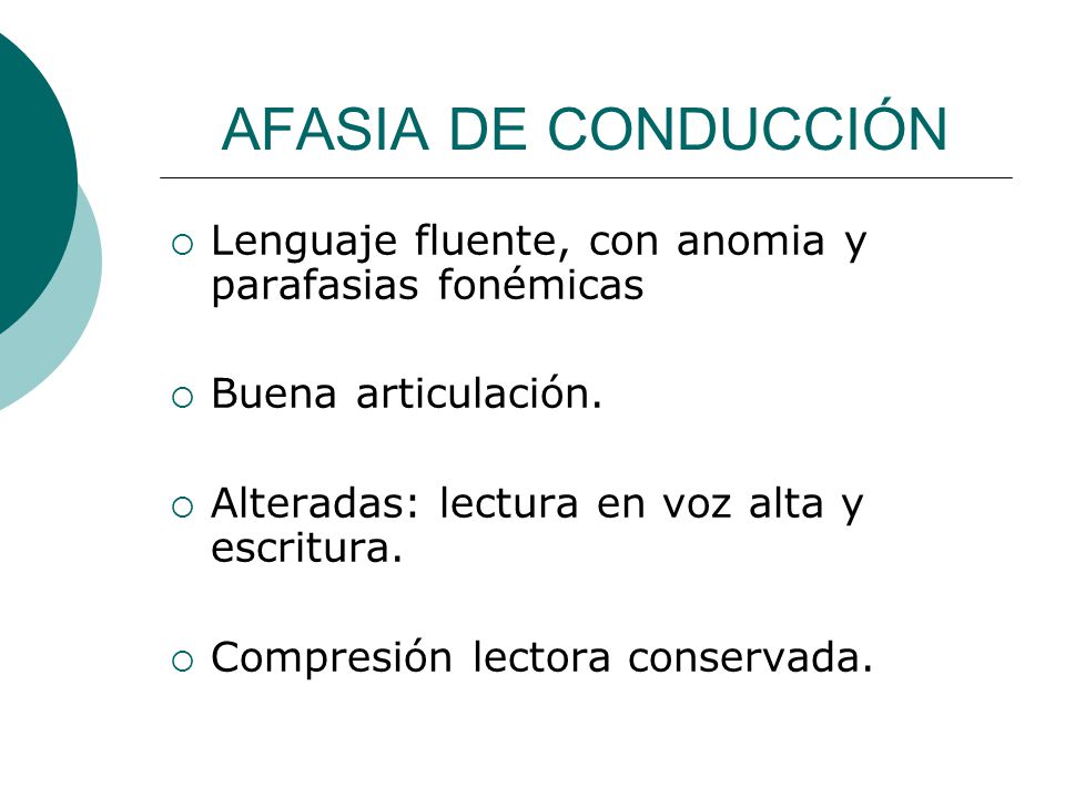 AFASIA DE CONDUCCIÓN Lenguaje fluente, con anomia y parafasias fonémicas. Buena articulación. Alteradas: lectura en voz alta y escritura.