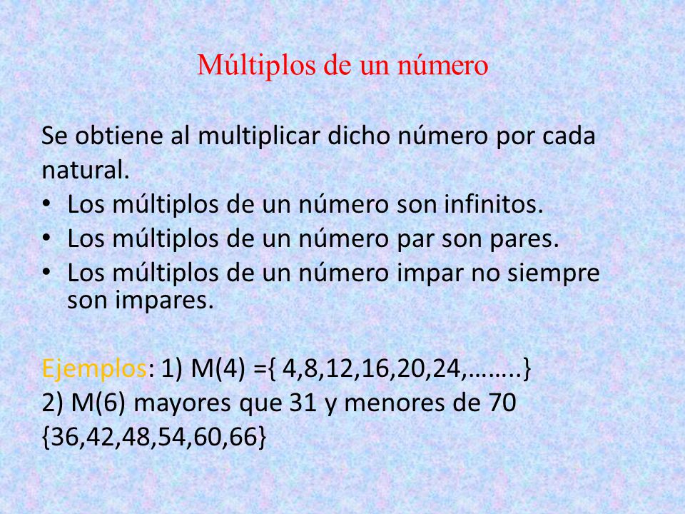 Múltiplos de un número Se obtiene al multiplicar dicho número por cada