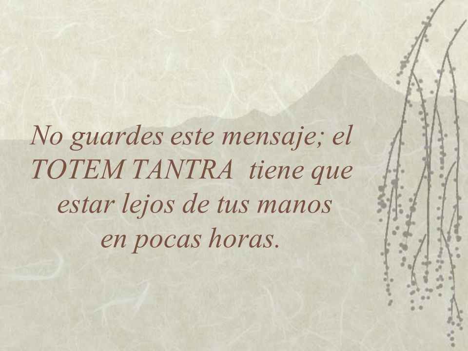 No guardes este mensaje; el TOTEM TANTRA tiene que estar lejos de tus manos en pocas horas.