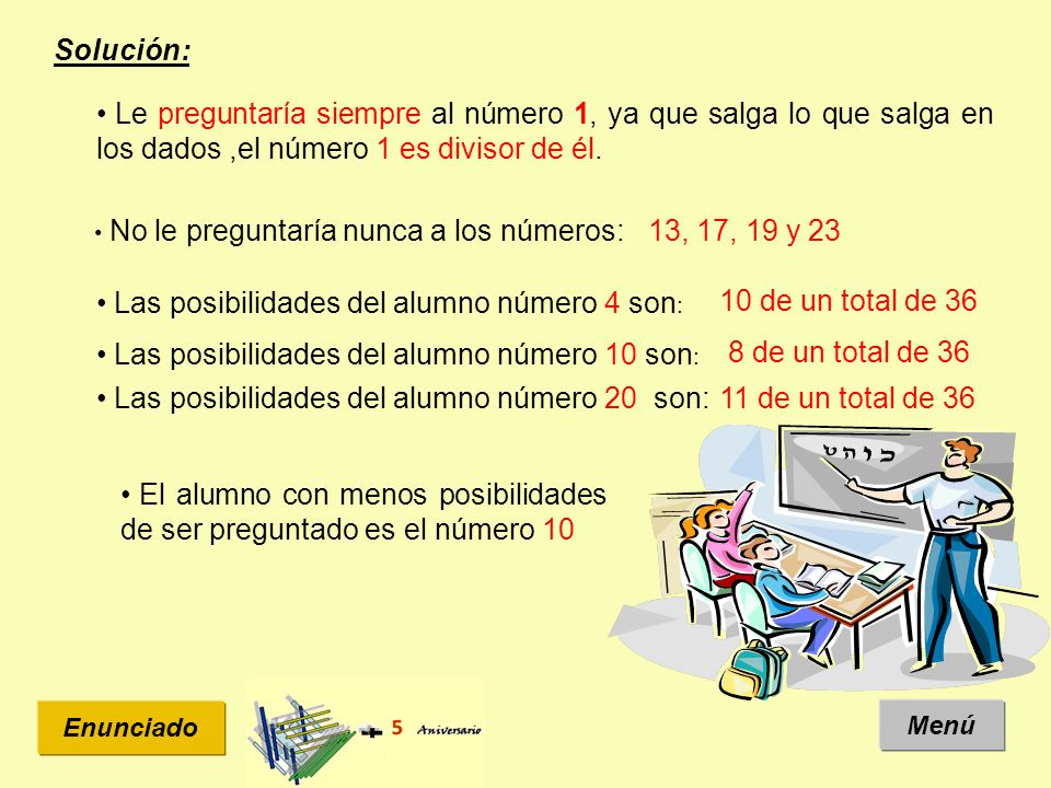 Las posibilidades del alumno número 4 son: 10 de un total de 36