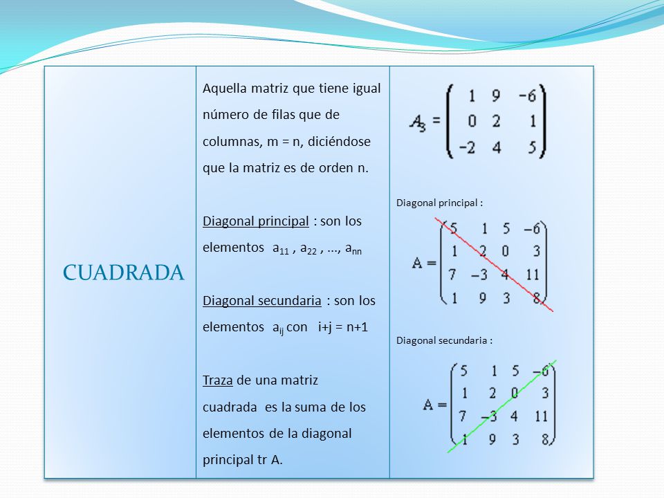 Diagonal principal : son los elementos a11 , a22 , ..., ann