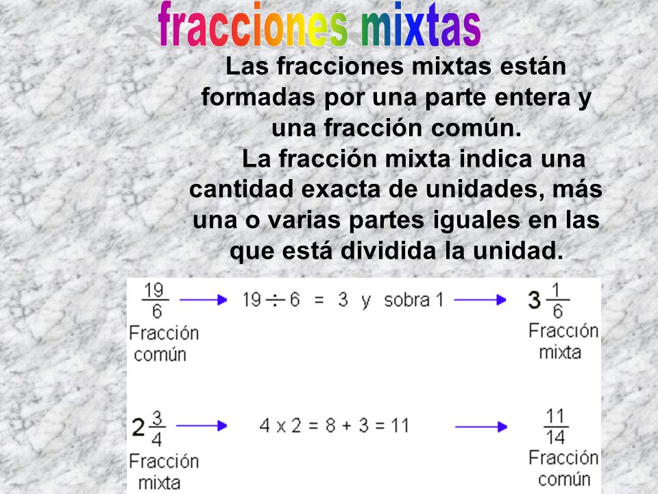 fracciones mixtas Las fracciones mixtas están formadas por una parte entera y una fracción común.