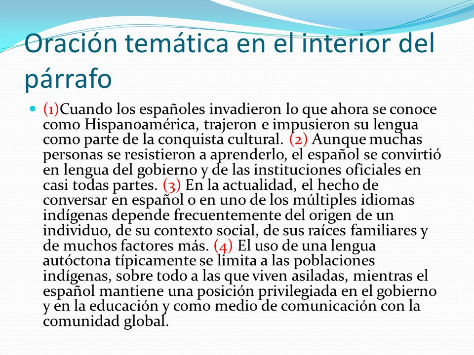 Oración temática en el interior del párrafo