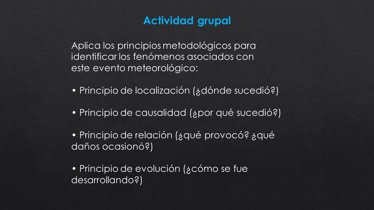 Actividad grupal Aplica los principios metodológicos para identificar los fenómenos asociados con. este evento meteorológico: