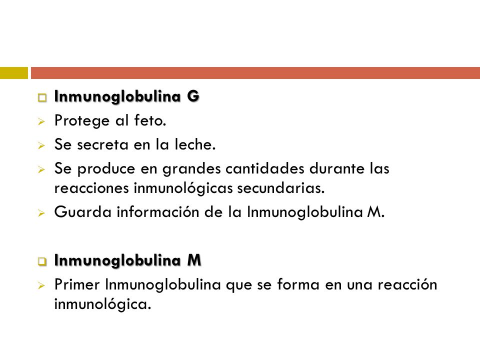 Inmunoglobulina G Protege al feto. Se secreta en la leche. Se produce en grandes cantidades durante las reacciones inmunológicas secundarias.
