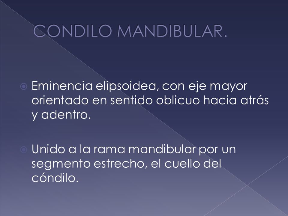 CONDILO MANDIBULAR. Eminencia elipsoidea, con eje mayor orientado en sentido oblicuo hacia atrás y adentro.