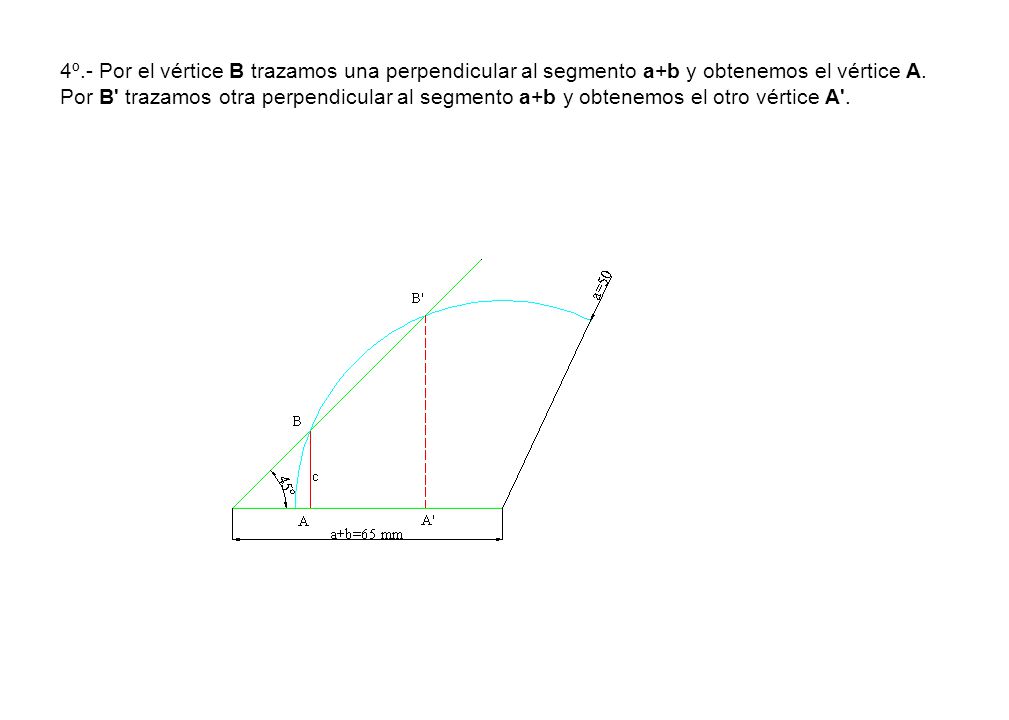 4º.- Por el vértice B trazamos una perpendicular al segmento a+b y obtenemos el vértice A.