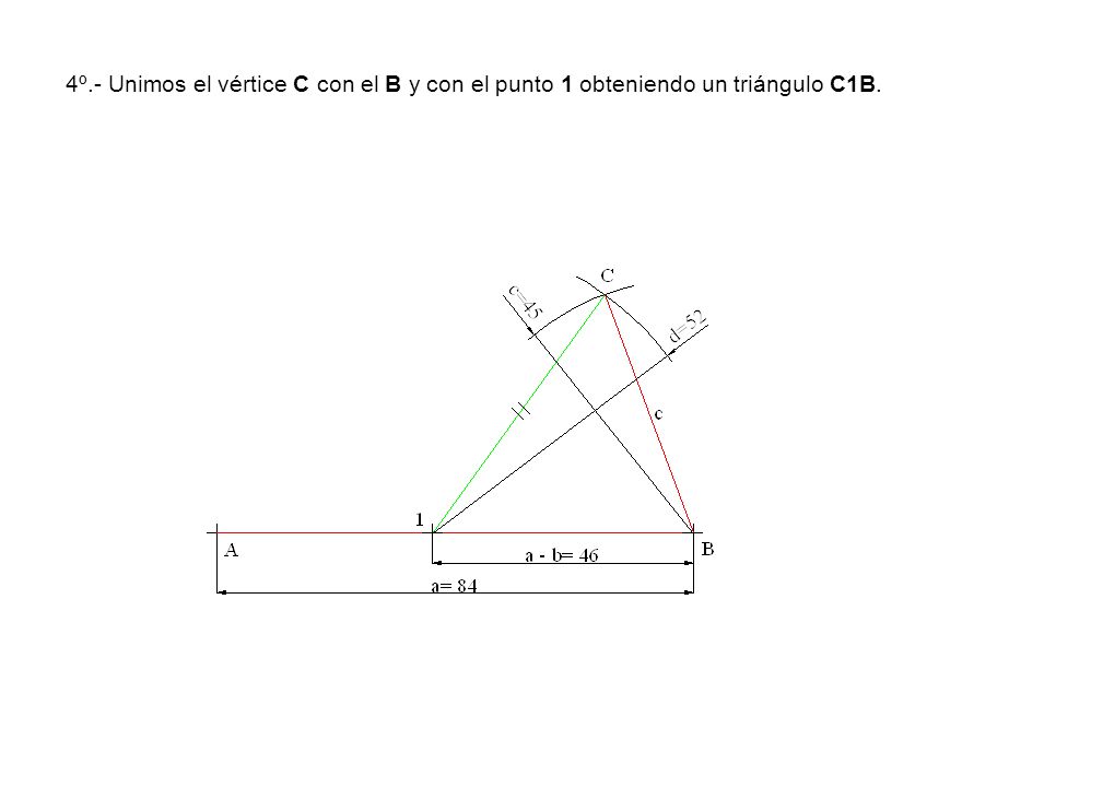 4º.- Unimos el vértice C con el B y con el punto 1 obteniendo un triángulo C1B.