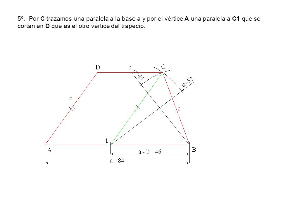 5º.- Por C trazamos una paralela a la base a y por el vértice A una paralela a C1 que se cortan en D que es el otro vértice del trapecio.