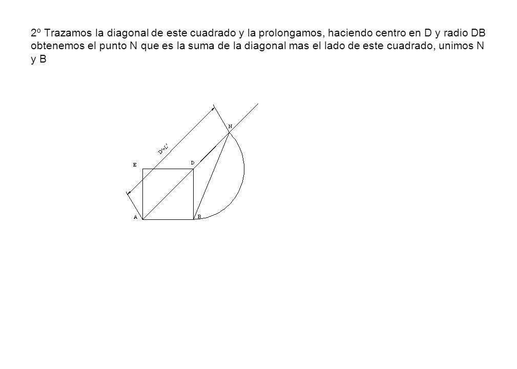 2º Trazamos la diagonal de este cuadrado y la prolongamos, haciendo centro en D y radio DB obtenemos el punto N que es la suma de la diagonal mas el lado de este cuadrado, unimos N y B