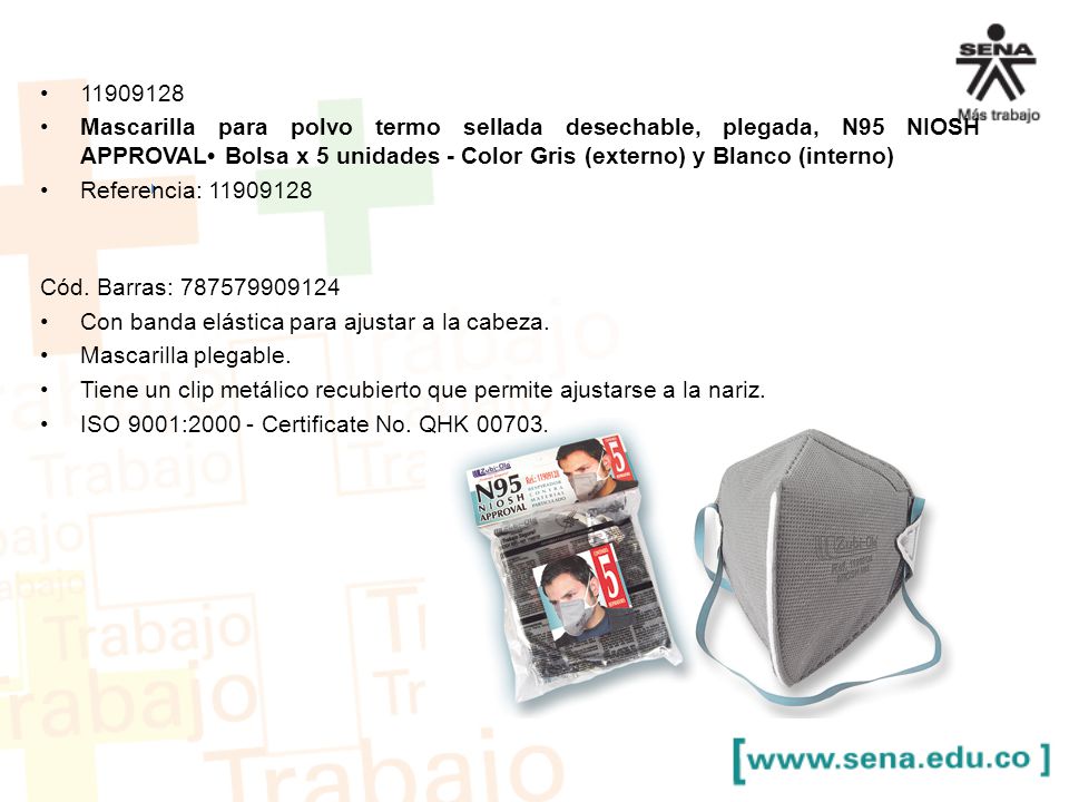 Mascarilla para polvo termo sellada desechable, plegada, N95 NIOSH APPROVAL• Bolsa x 5 unidades - Color Gris (externo) y Blanco (interno)